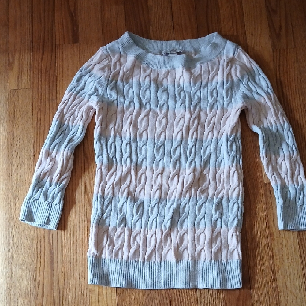 Loft Striped Pink and Gray Cable Knit Sweater ■ Size S
